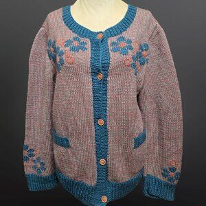 Vintage Hand Knit Cardigan Womens Size L Funky Floral Kid Core Boho Wool Blend